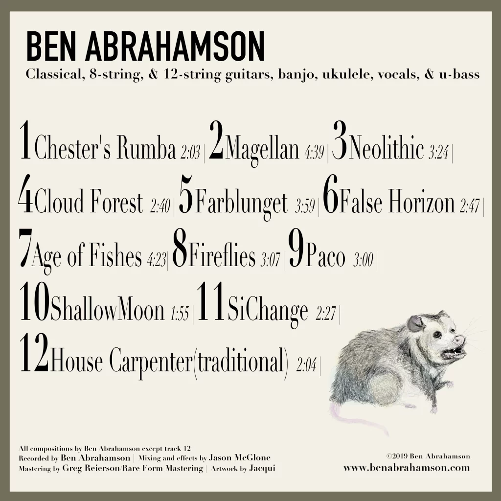 A pleasing arrangement of thick bold fonts, and delicate serf fonts displaying the musician's name and the album tracks. A delightful confused possum is in the bottom right corner