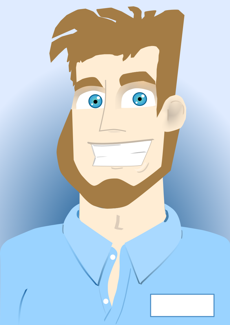 A digital drawing of a smiling blue eyed character with a large bearded chin and lively fluffy hair.