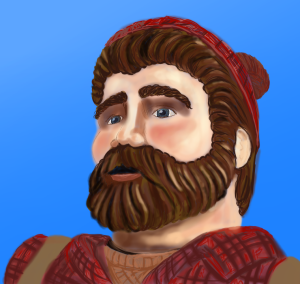 A bearded brown haired man looks blankly into the distance. It is a digital painting based on Paul Bunyan, and includes a plaid shirt and hat - just like the real Paul Bunyan. 