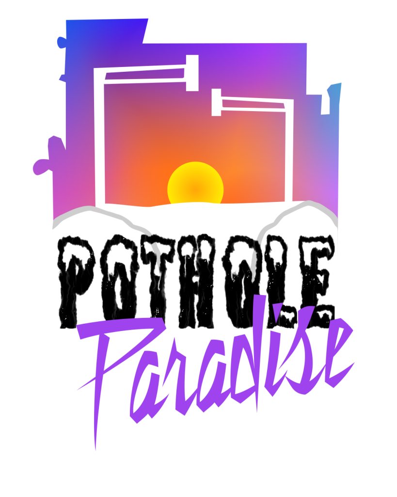 The map outline of the City of Minneapolis with a sunset gradient applied to the top half. The bottom half shows piles of snow and the word Pothole in a snow covered fuzzy font, while the word Paradise appears in a font reminiscent of the Prince font.