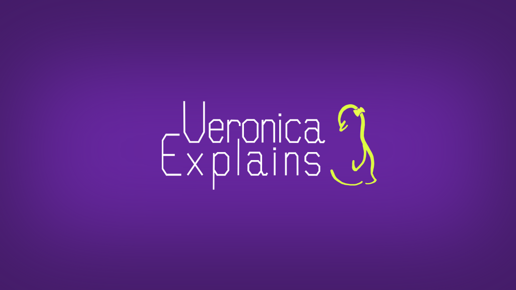 A purple background with a white text version of Veronica Explains logo next to a yellow line-drawn penguin wearing a bow on her head. 