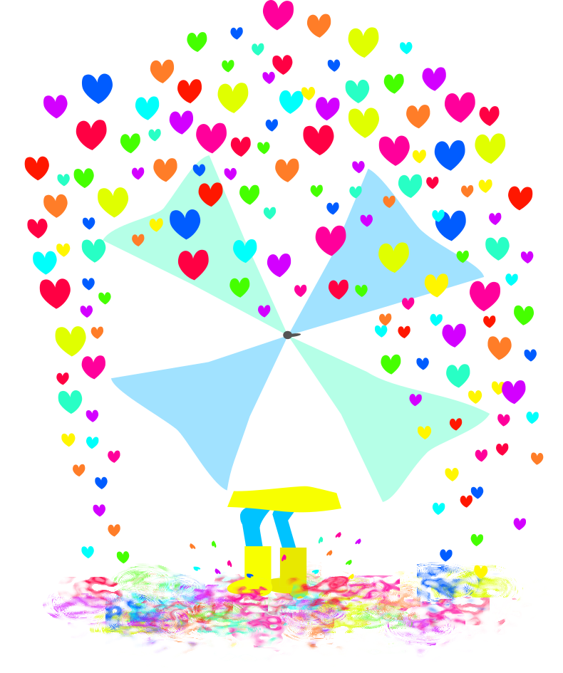 A digital artwork of a child wearing yellow rain boots, blue pants, and a yellow raincoat splashing in a rainbow puddle as rainbow hearts fall on top of the mint, light blue, and white umbrella.